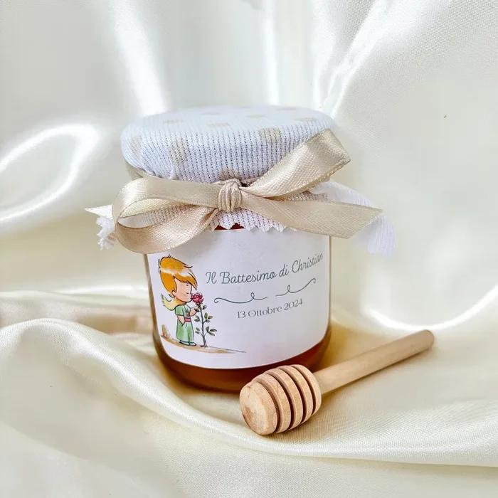 Cassettina in Legno Tema PICCOLO PRINCIPE per Battesimo Barattolino Miele Millefiori – Acacia – Castagno artigianale 250gr - immagine 2