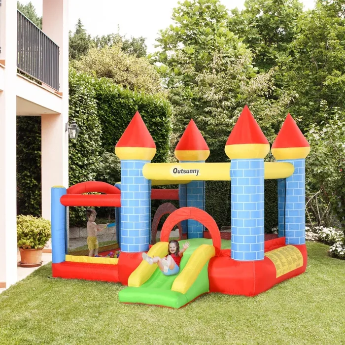 Castello Giostra Gonfiabile 300x275x210 cm con Scivolo Piscina Canestro e Pompa Multicolor - immagine 2
