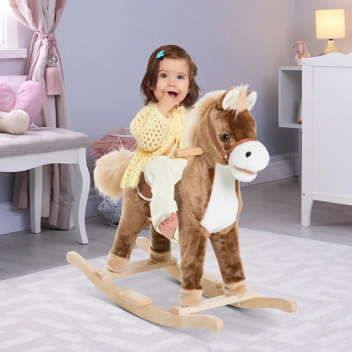 Cavallo a Dondolo Cavalcabile in Peluche e Legno Marrone - immagine 3