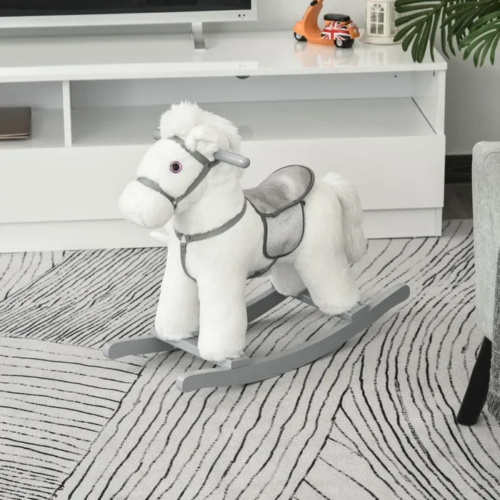 Cavallo a Dondolo in Peluche e Legno con Orsetto e Suoni Bianco - immagine 2