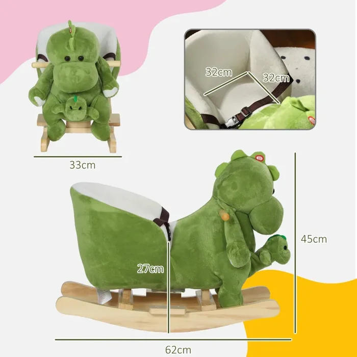 Cavallo a Dondolo per Bambini 32 Melodie in Legno e Peluche Dinosauro Verde - immagine 3