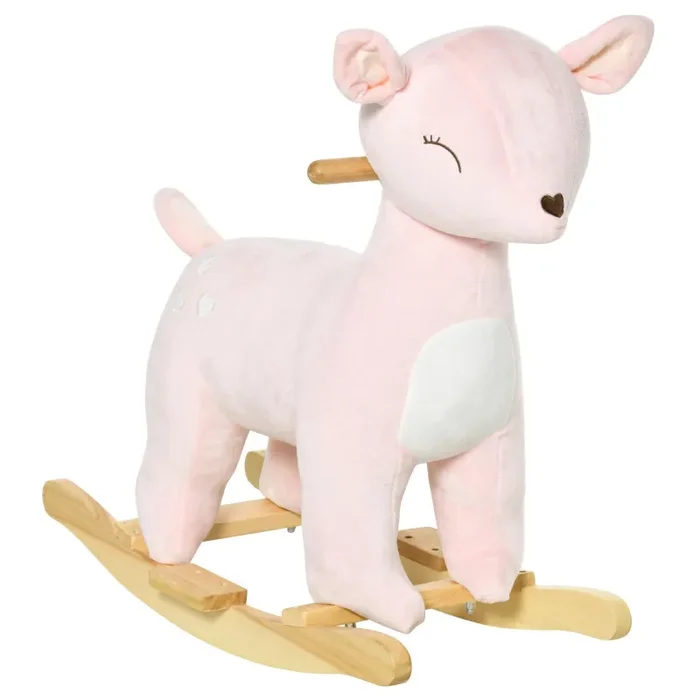 Cavallo a Dondolo per Bambini in Legno e Peluche Cervo Rosa