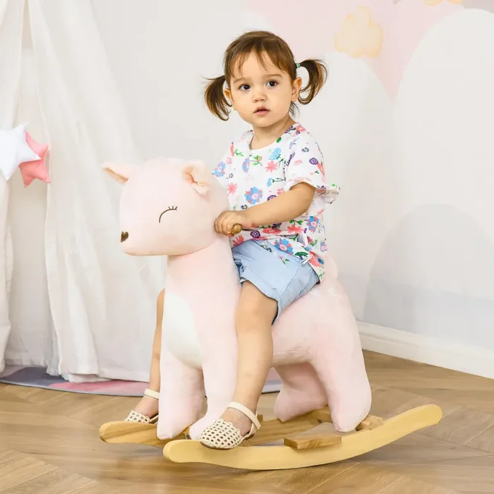Cavallo a Dondolo per Bambini in Legno e Peluche Cervo Rosa - immagine 2