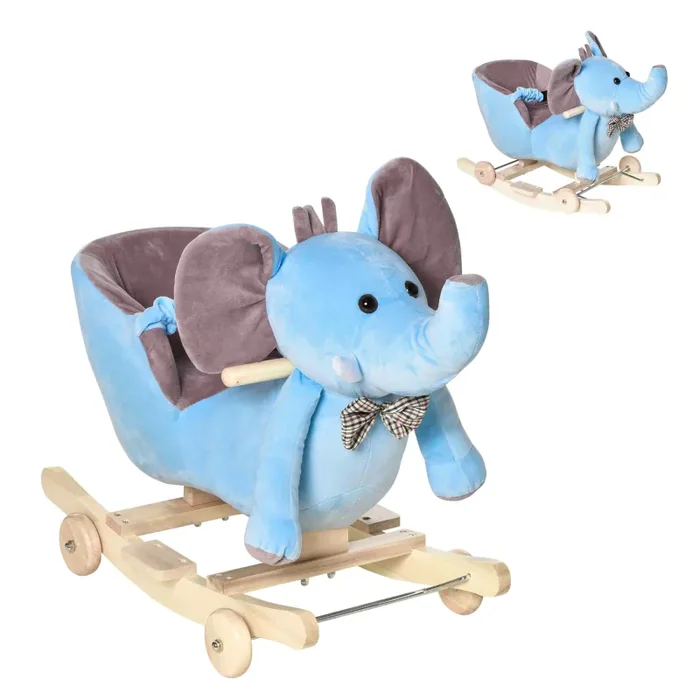 Cavallo a Dondolo per Bambini in Legno e Peluche Elefante Blu Moda