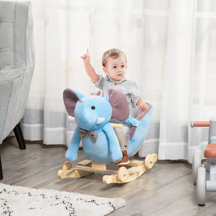 Cavallo a Dondolo per Bambini in Legno e Peluche Elefante Blu Moda - immagine 2