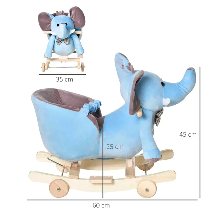 Cavallo a Dondolo per Bambini in Legno e Peluche Elefante Blu Moda - immagine 3