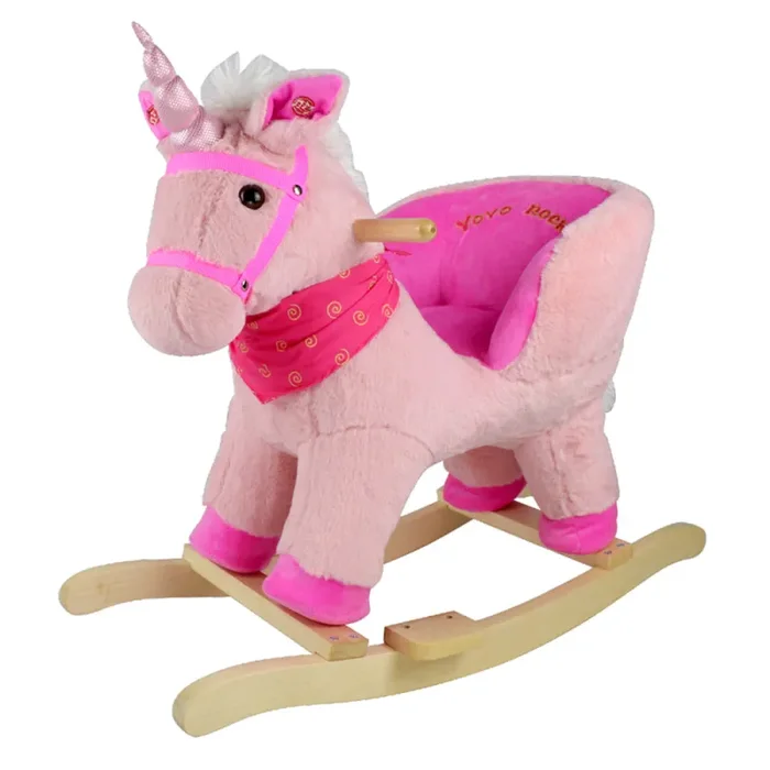Cavallo a Dondolo per Bambini in Legno e Peluche Unicorno Rosa con Suoni Vendita online - immagine 2