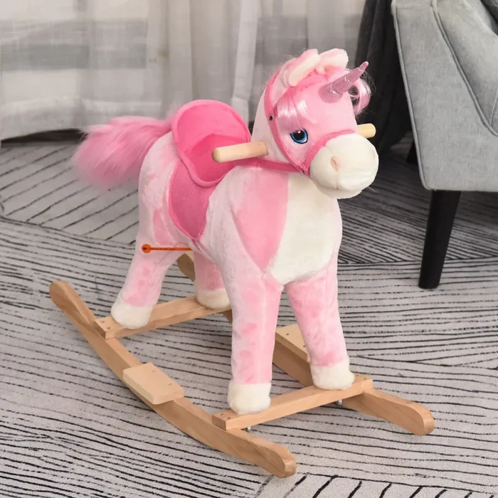 Cavallo a Dondolo Unicorno per Bambini in Legno e Peluche Unicorno Rosa - immagine 2