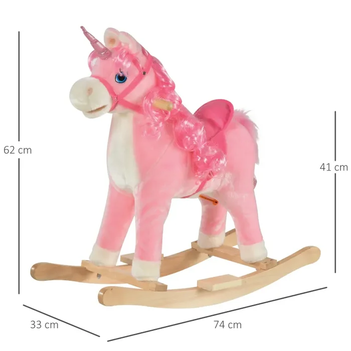 Cavallo a Dondolo Unicorno per Bambini in Legno e Peluche Unicorno Rosa - immagine 3