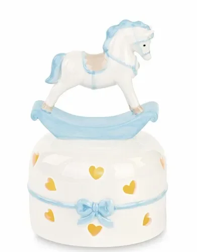 CAVALLUCCIO A DONDOLO IN CERAMICA AZZURRO CON LED+SCATOLA (h.15cm)