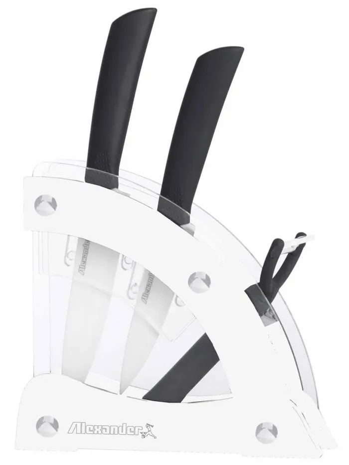 Ceppo con 2 Coltelli in Ceramica e Pelaverdure Alexander Vela Bianco