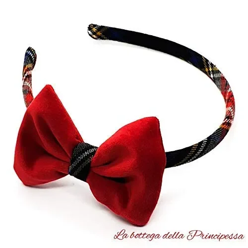 Cerchietto per capelli bambina in tessuto Tartan con fiocco velluto Made…