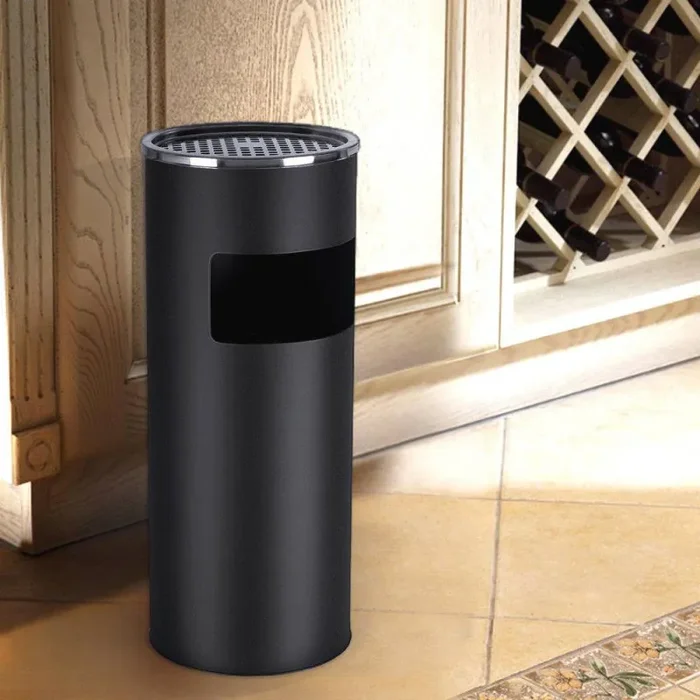 Cestino Gettacarte Posacenere Ø24,7 cm in Metallo Nero Opaco 10L per Interno Esterno Fornitura - immagine 2