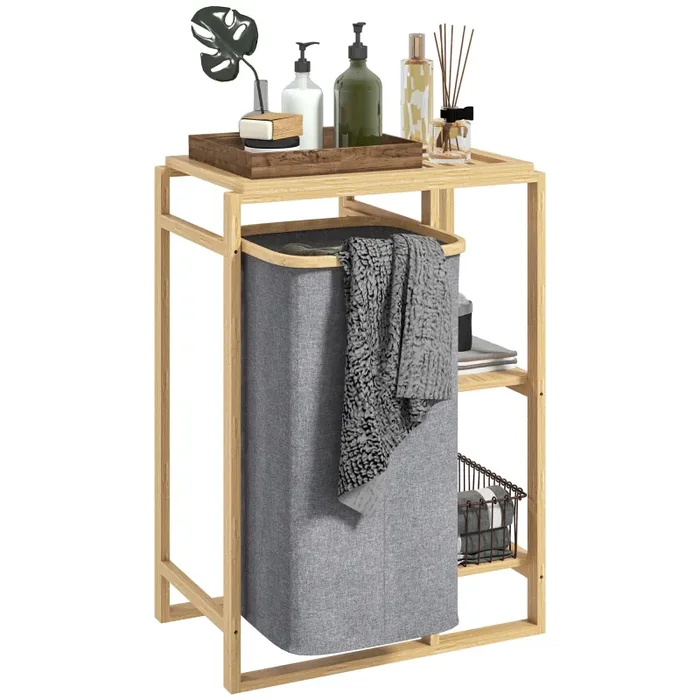 Cesto Portabiancheria 50x32x70 cm con Borsa Estraibile e Ripiano in Bambù Grigio