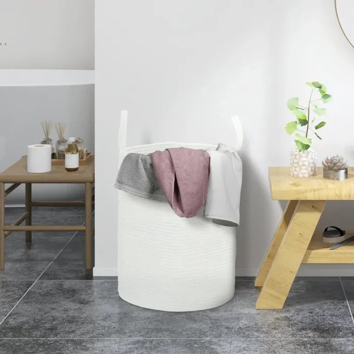 Cesto Portabiancheria Pieghevole con Manici 36L Ø38×45 cm in Cotone Naturale Bianco Crema - immagine 2