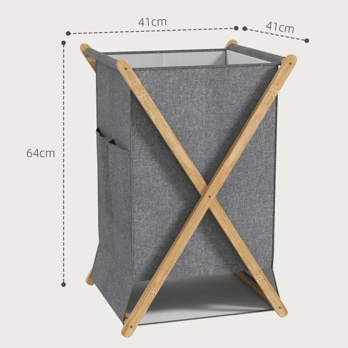 Cesto Portabiancheria Pieghevole da 55L Telaio in Bambù e in Tessuto Grigio - immagine 3