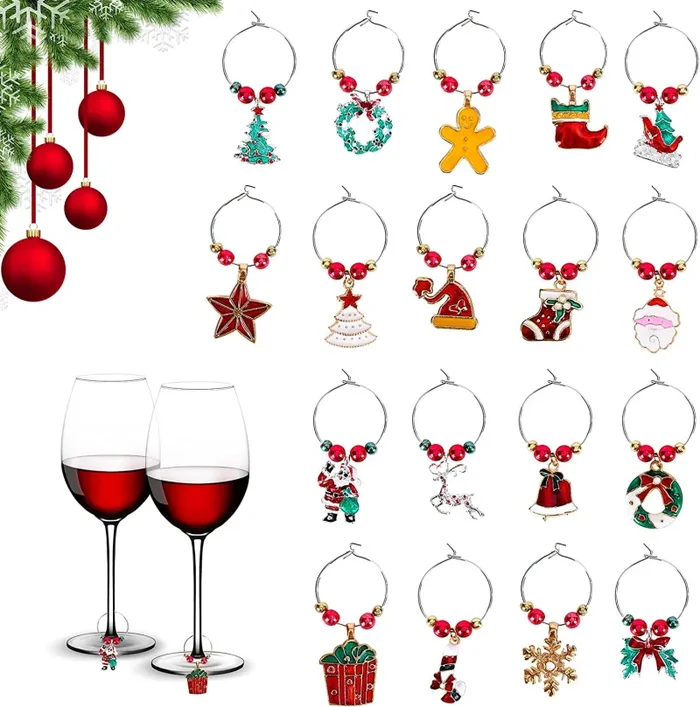 Charms per Bicchieri da Vino di Natale 18 Pezzi Etichette per Bicchieri da Vino Champagne Identificatori per Cocktail Simpatici Pennarelli per Bevande per Calici Accessori per Vino Regali per Hostess