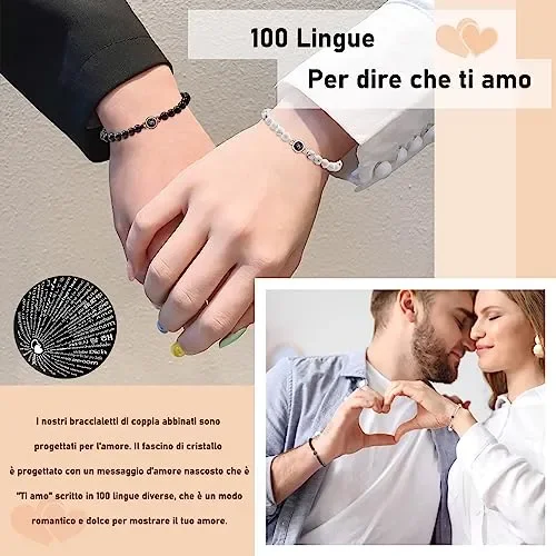 CheersLife Braccialetto Di Proiezione Ti Amo In 100 Lingue Braccialetti Di Coppia Regalo Per Uomo Fidanzato Fidanzata Marito Moglie Anniversario San Valentino Natale Compleanno Regalo Per Lui E Lei - immagine 3