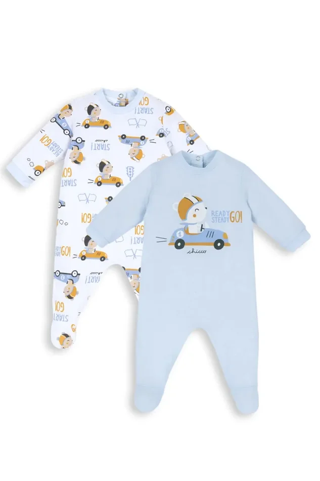Chicco Set Tutine In Cotone con piedino, Tutina Unisex 0-24, Azzurro, 9 mesi (pacco da 2)