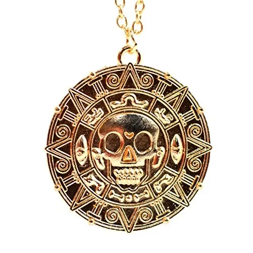 Ciondolo a forma di moneta / medaglione azteco con teschio, stile Pirati Gold