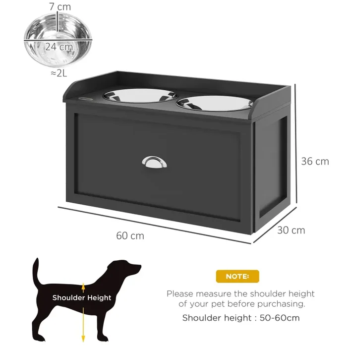 Ciotole per Cani Rialzate 60x30x36 cm in Acciaio Inox e Legno con Cassetto Nero - immagine 3