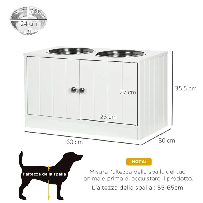 Ciotole per Cani Rialzate con Armadietto da 44L e 2 Ciotole in Acciaio 60x30x35.5cm Bianco - immagine 3