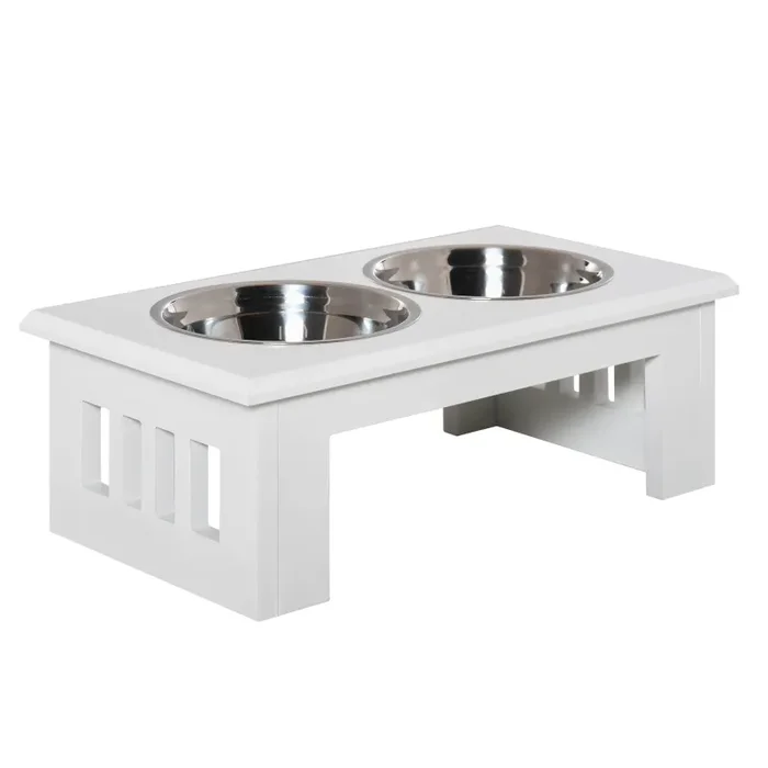 Ciotole Rialzate per Cani Piccoli e Taglia Media con 2 Ciotole in Acciaio Supporto in MDF Bianco