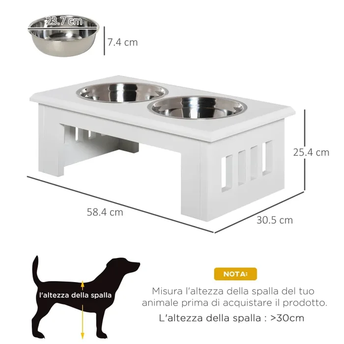 Ciotole Rialzate per Cani Piccoli e Taglia Media con 2 Ciotole in Acciaio Supporto in MDF Bianco - immagine 3