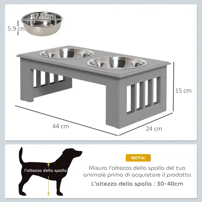 Ciotole Rialzate per Cani Taglia Piccola 2 Ciotole in Acciaio Supporto in MDF Grigio Chiaro - immagine 3