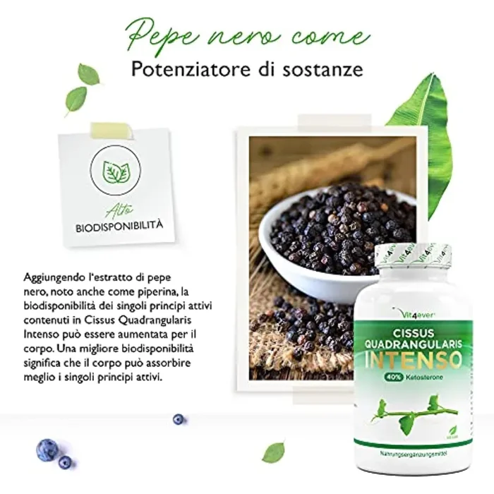 Cissus Quadrangularis – 180 capsule con 720 mg di estratto – Premium: 40% Ketosterone + Pepe nero – Alto dosaggio – Vegan - immagine 2