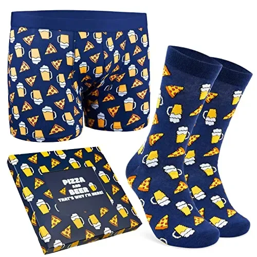 CityComfort Calzini Uomo Divertenti e Boxer Uomo Cofanetto Regalo Calze Divertenti Uomo Birra Pizza Gaming e Boxer Simpatici Uomo S-3XL Regalo Zio Amico Festa del papà Natale Befana (Navy Pizza, L)