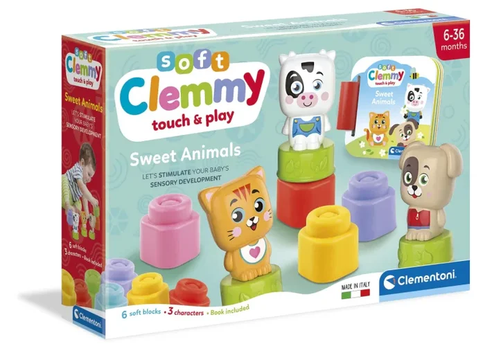 Clementoni Soft Clemmy – Sweet Animals, Play Set Bambini 6-36 Mesi, con 6 Mattoncini per Costruzioni e 3 Personaggi, Gioco Prima Infanzia Made in Italy, per Stimolare i Sensi dei più Piccoli, 17849
