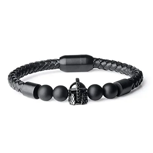 COAI Bracciale Bolo da Uomo In Vera Pelle Intrecciata con Perle in Onice Elmo