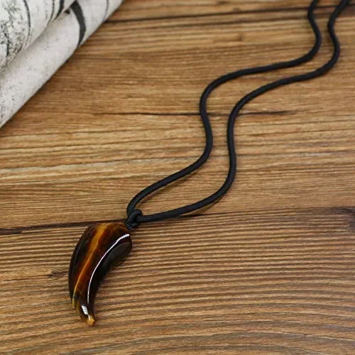 COAI Pendente Dente di Lupo in Occhio Tigre, Collana da Uomo in… Online ora - immagine 2