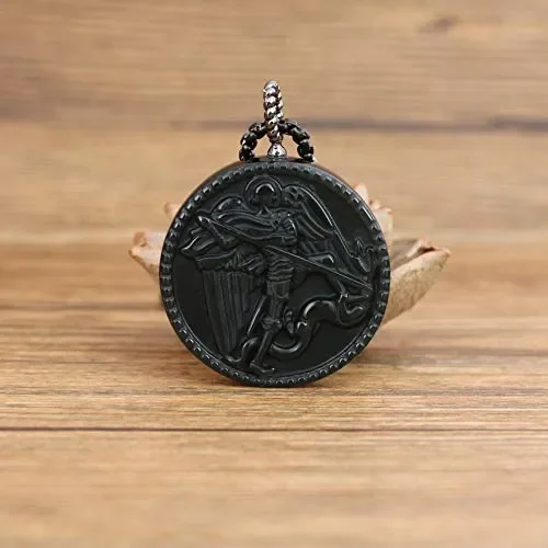 COAI Pendente in Ossidiana Nera con San Michele Intarsiato, Acciaio Inox - immagine 2