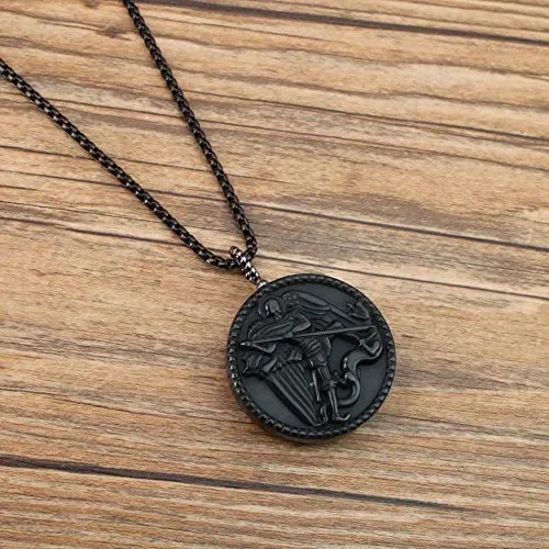 COAI Pendente in Ossidiana Nera con San Michele Intarsiato, Acciaio Inox - immagine 3