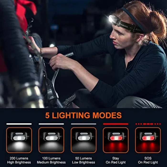 Cocoda Torcia Frontale, Lampada Frontale LED Ricaricabile con 5 Modalità di Illuminazione, 200 Lumen, IPX4 Impermeabile, Regolabile Leggero Lampada da Testa per Corsa, Pesca, Trekking, Campeggio - immagine 2