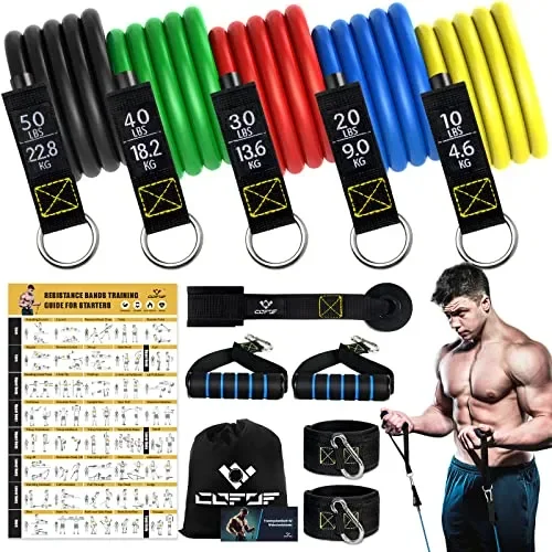 COFOF Set Elastici Fitness, [5 Elastici Fitness], Elastici Palestra con Impugnature Grandi, Cavigliere, Ancoraggio Porta, ideale per Pilates, Allenamento Della Forza, Fisioterapia