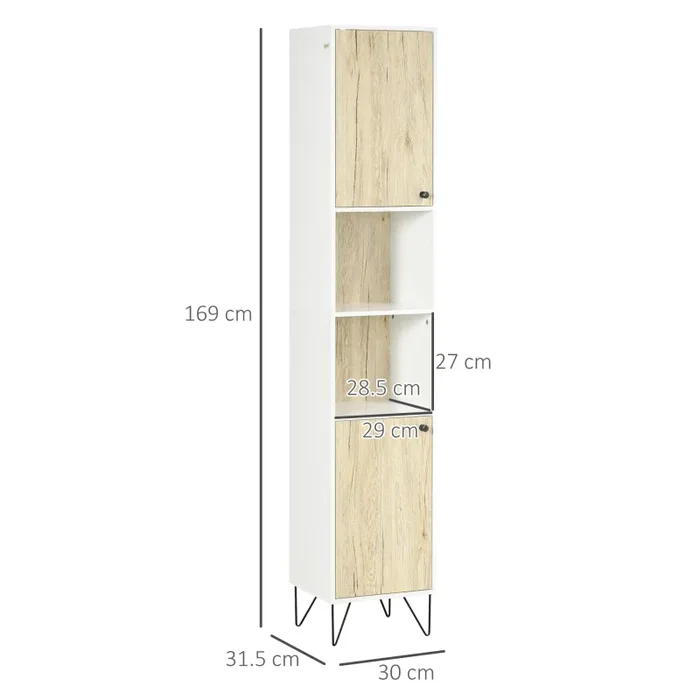 Colonna Bagno 2 Ripiani 2 Ante 30×31,5×169 cm in Truciolato Bianco e color Legno - immagine 3