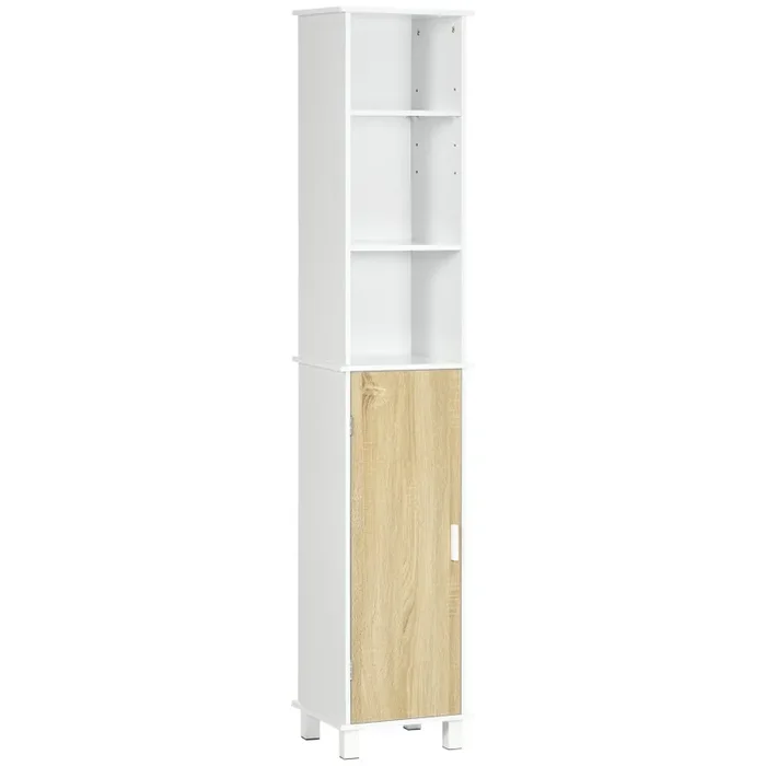 Colonna Bagno Salvaspazio 33,5x29x169 cm 3 Vani Aperti e Armadietto in Legno Bianco e Marrone Chiaro