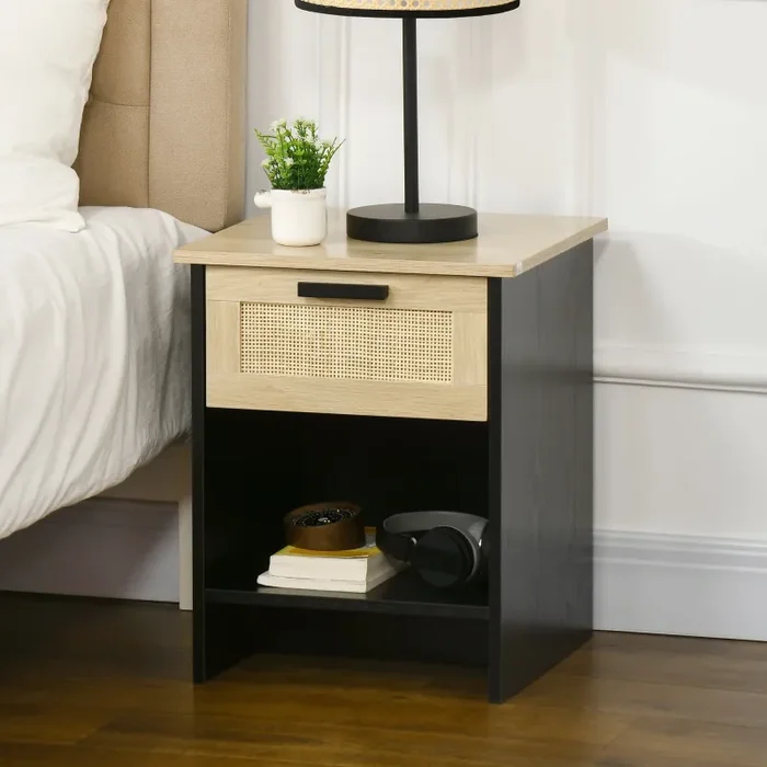 Comodino 1 Cassetto 1 Ripiano 40x40x50 cm in Legno e Rattan Nero e Naturale - immagine 2