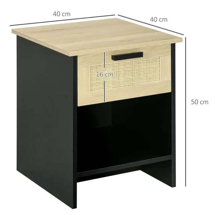 Comodino 1 Cassetto 1 Ripiano 40x40x50 cm in Legno e Rattan Nero e Naturale - immagine 3