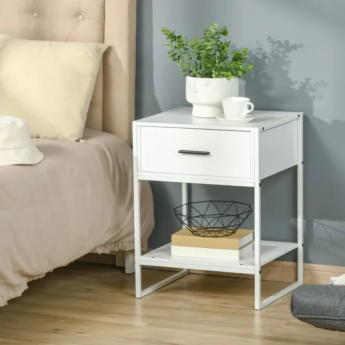 Comodino 1 Cassetto 1 Ripiano 45x40x60 cm in Acciaio e Truciolato Bianco - immagine 2