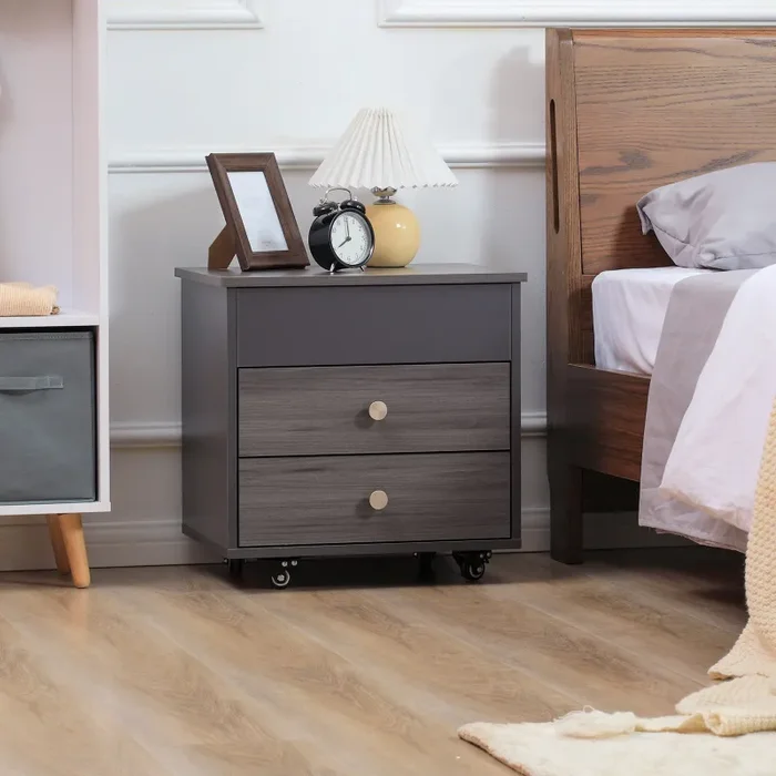 Comodino 2 Cassetti e Ruote con Piano Sollevabile 50x40x50 cm in Legno Grigio Vendita calda - immagine 2