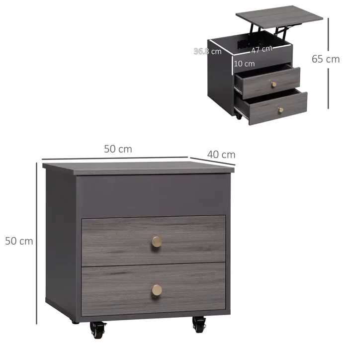 Comodino 2 Cassetti e Ruote con Piano Sollevabile 50x40x50 cm in Legno Grigio Vendita calda - immagine 3