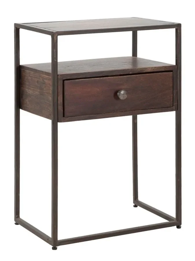 Comodino Burn 45x30x66 cm in Legno di Acacia e in Ferro Marrone