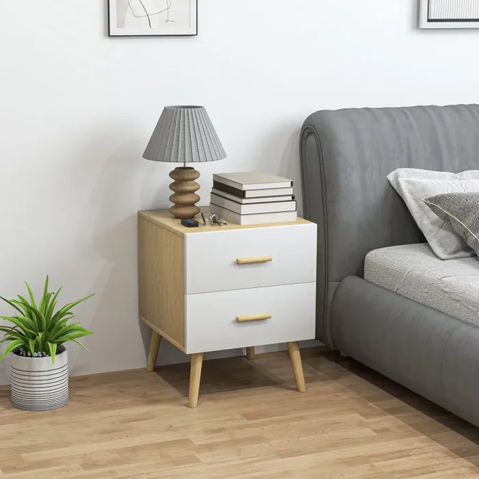Comodino in Stile Scandinavo 40x40x50 cm con 2 Cassetti in Legno Bianco - immagine 2
