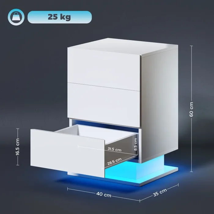 Comodino Moderno a 3 Cassetti con Luce LED 40x35x60 cm Regolabile con Telecomando in Truciolato Bianco Lucido - immagine 3