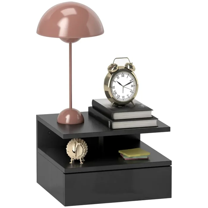 Comodino Sospeso 35x32x22,5 cm con Cassetto e Ripiano Aperto in Legno Nero Lucido