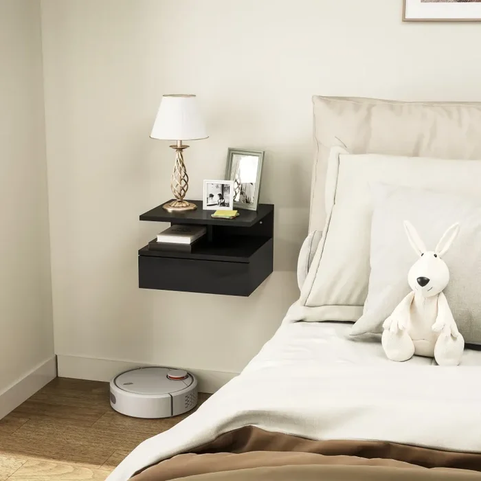 Comodino Sospeso 35x32x22,5 cm con Cassetto e Ripiano Aperto in Legno Nero Lucido - immagine 2